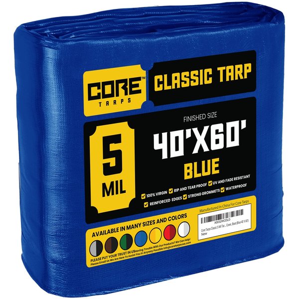 Core Tarps 60 ft L x 0.5 mm H x 40 ft W Heavy Duty 5 Mil Tarp, Blue, Polyethylene CT-505-40X60